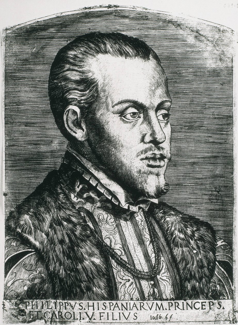 Filippo II di Spagna (1527-1598). Re di Spagna (1556-1598) e Portogallo (1580-1598). Ritratto di Filippo ancora principe. Xilografia. da Artist Unknown