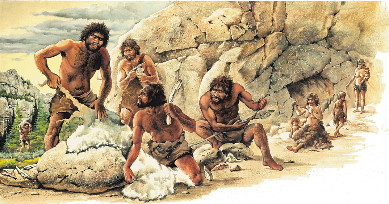 Preistoria Periodo paleolitico: Cacciatori che utilizzano la pelle dei beti uccisi e costruiscono utensili e armi (lancia). da Artist Unknown