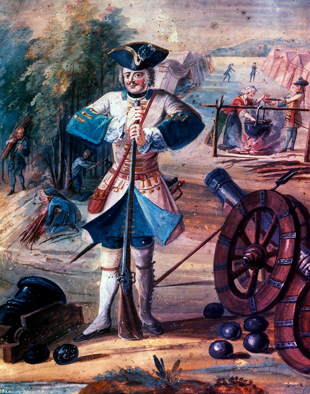 Raffigurazione di un granatiere di fanteria del reggimento del re Luigi XV (1723-1774) 1740 circa, particolare, 1740 circa (olio su tela) da Artist Unknown