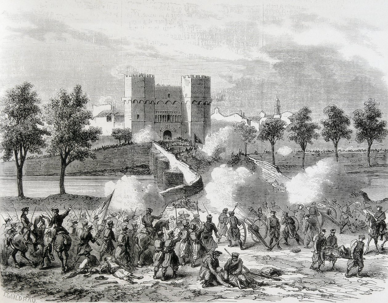 Spagna (1868). Gloriosa Rivoluzione. Attacco delle truppe governative alla Porta dei Serrani a Valencia. Incisione da 