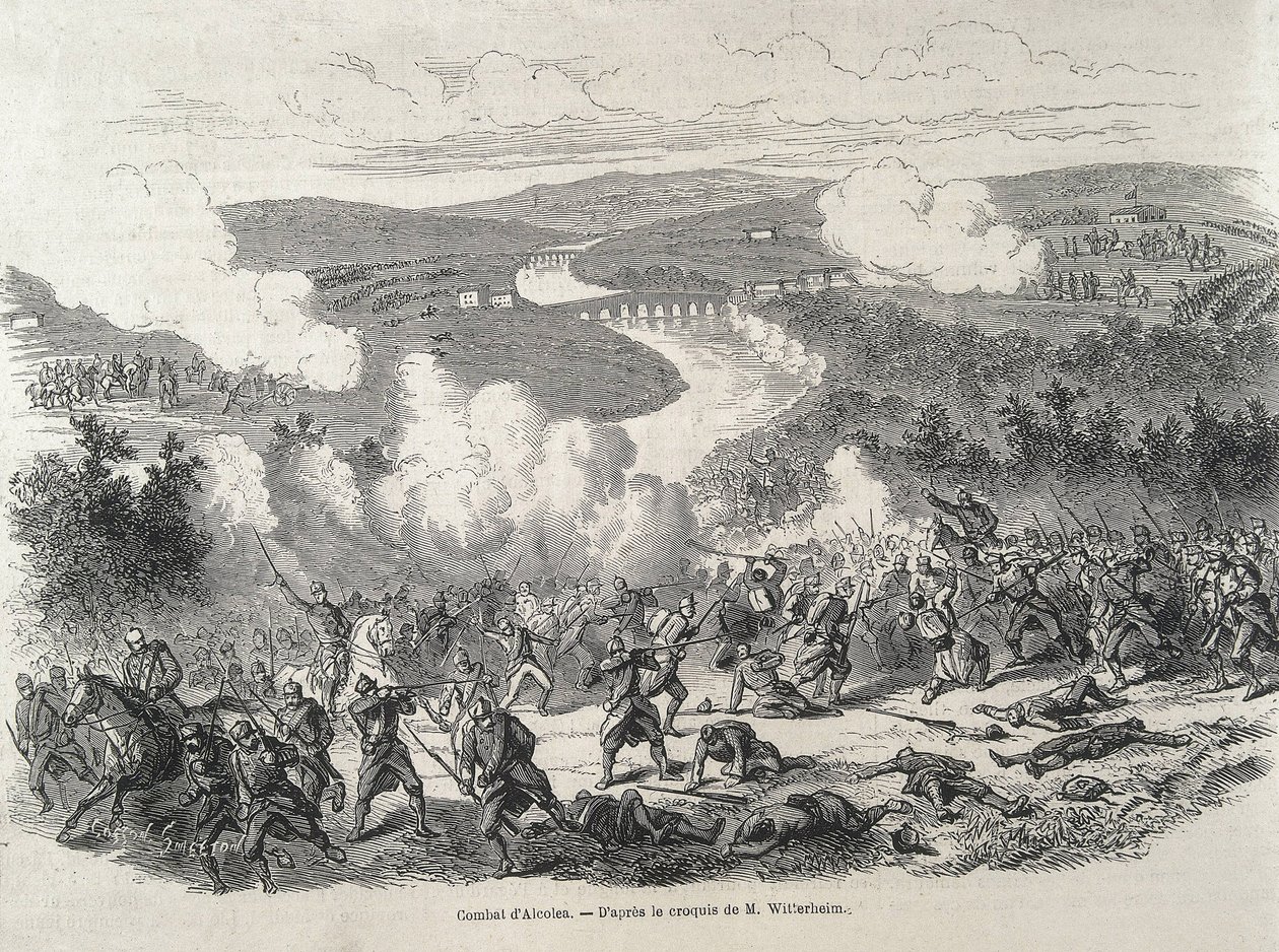 Spagna. Rivoluzione del 1868. Battaglia di Alcolea (20 settembre), che culminò con la deposizione di Isabella II. Incisione da Artist Unknown