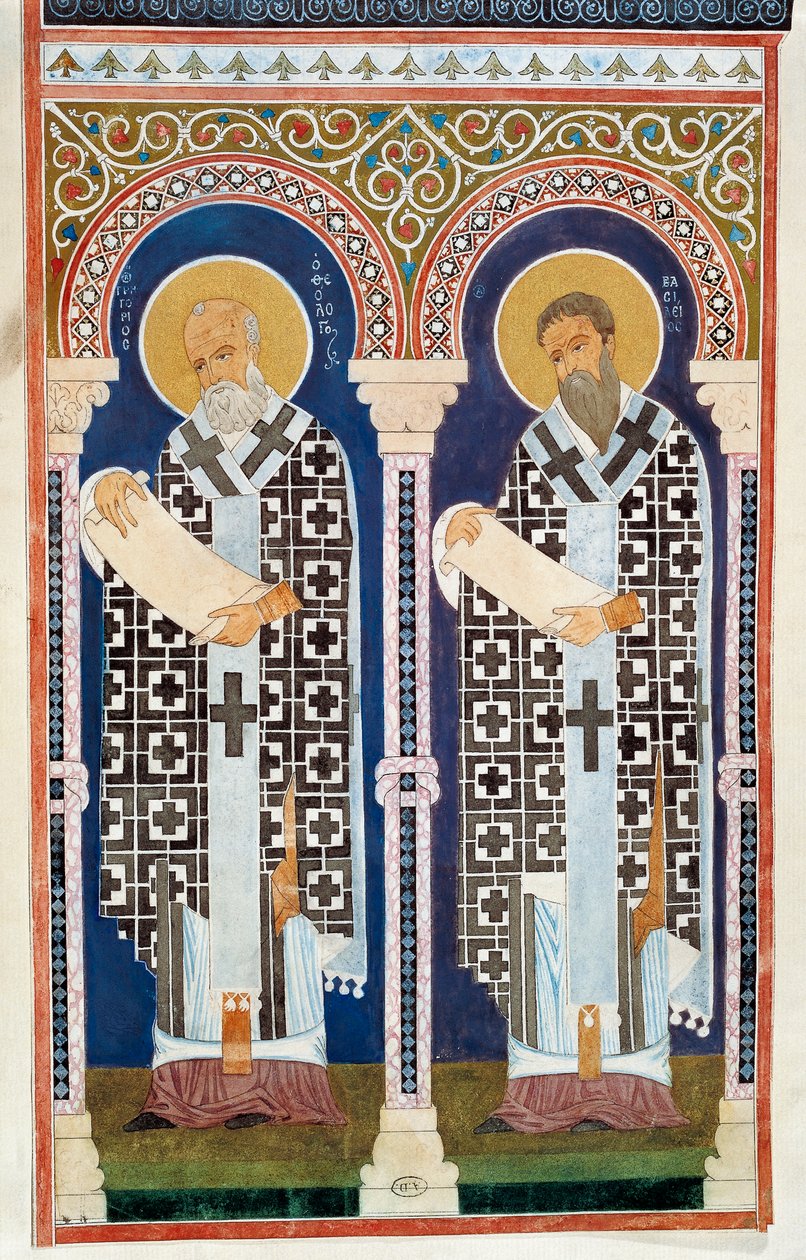 San Gregorio di Nissa e San Basilio Magno, padri della Chiesa ortodossa greca, incisione, IV secolo da Artist Unknown