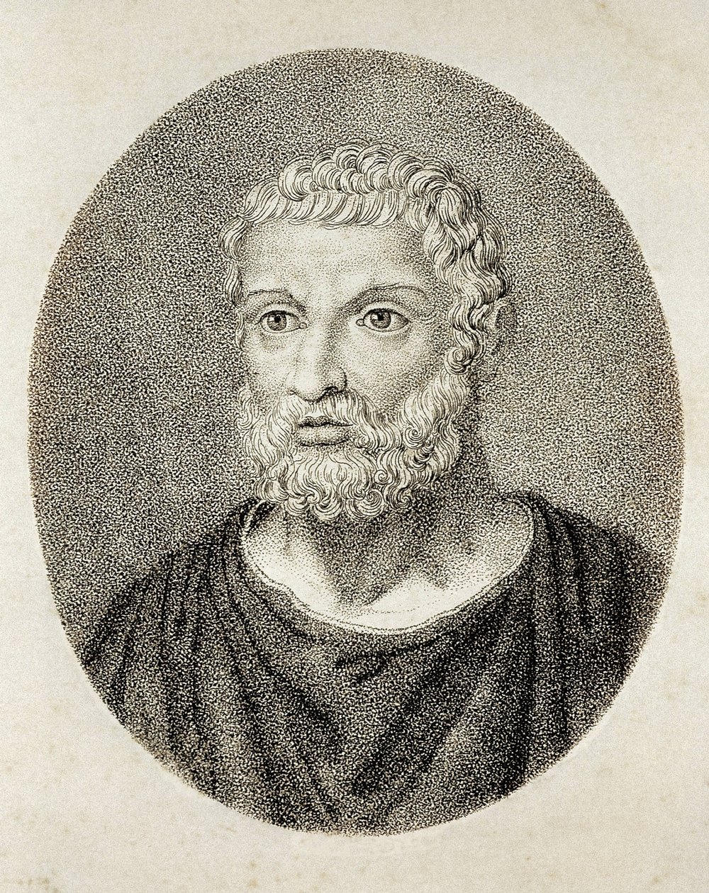Talete di Mileto (VI secolo a.C.). Ritratto di Talete di Mileto. Incisione. da Artist Unknown