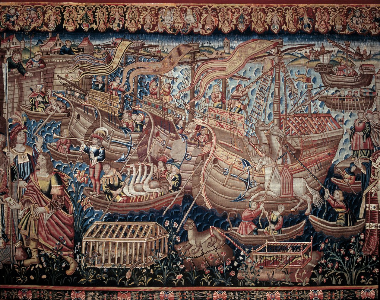 Il navigatore portoghese Vasco de Gama (1459-1524) arrivò a Calicut in India nel 1498, dettaglio, arazzo da Artist Unknown