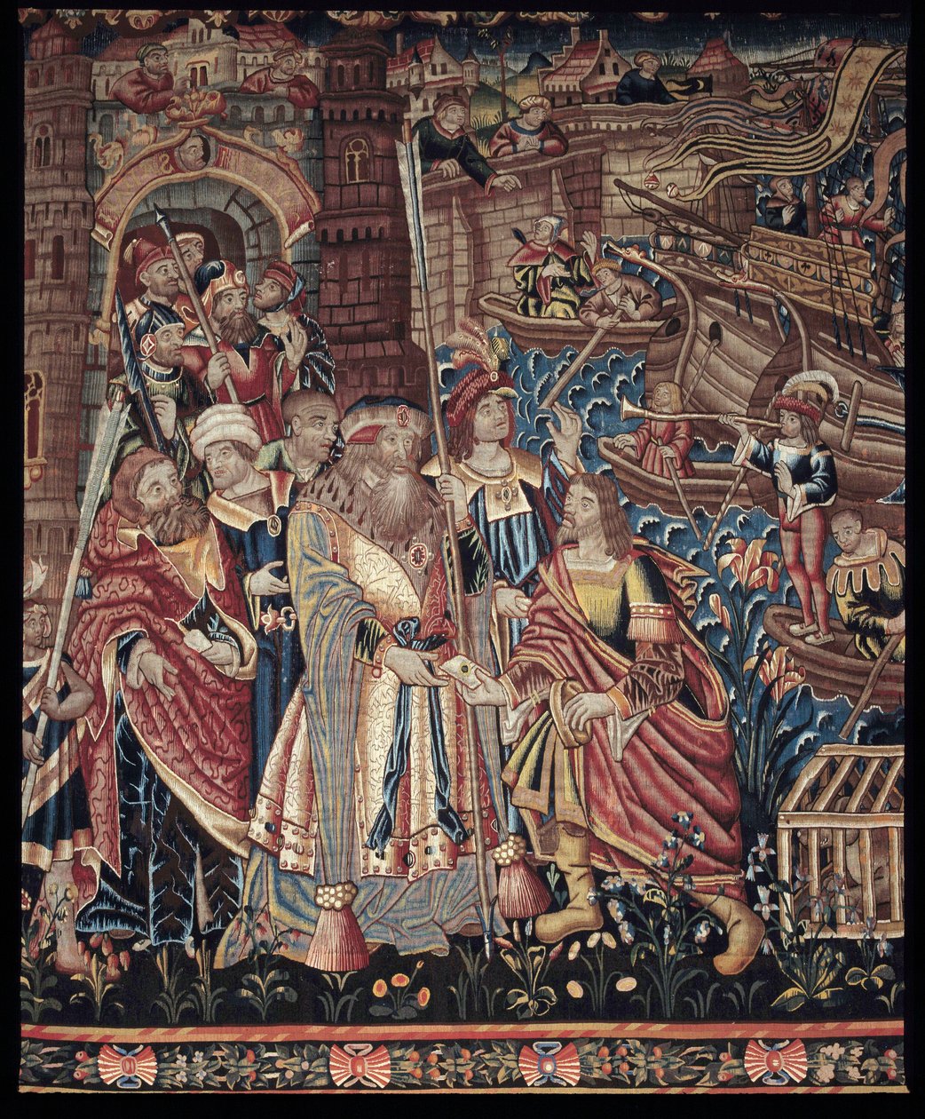 Il navigatore portoghese Vasco de Gama (1459-1524) arrivò a Calicut in India nel 1498, dettaglio, arazzo da Artist Unknown