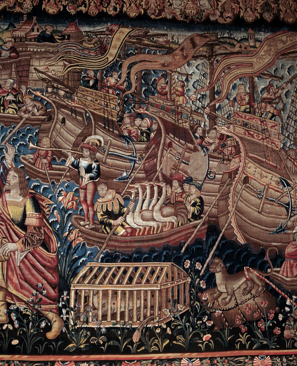 Il navigatore portoghese Vasco de Gama (1459-1524) arrivò a Calicut in India nel 1498, dettaglio, arazzo da Artist Unknown