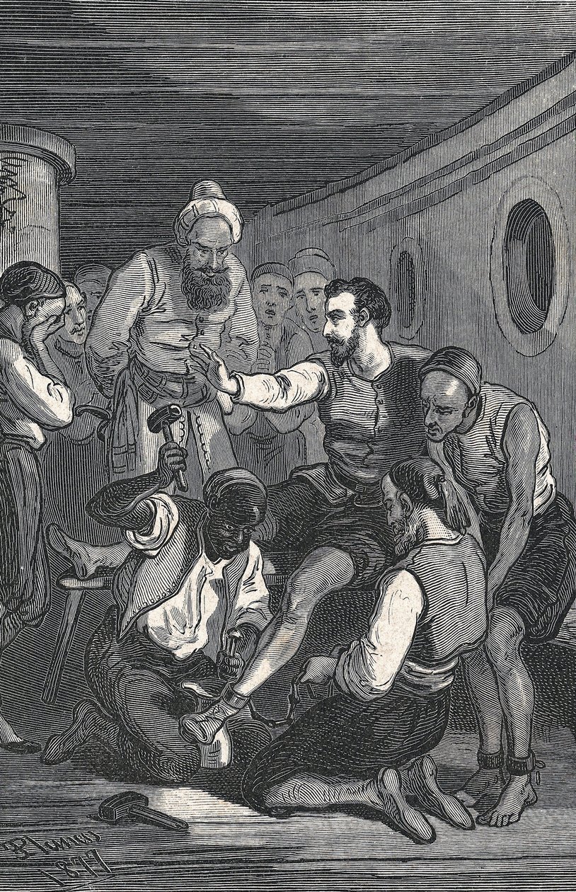 I trinitari Fray Juan Gil e Fray Anton de la Bella liberarono Cervantes dalla prigionia ad Algeri nel 1580 (incisione) da Artist Unknown