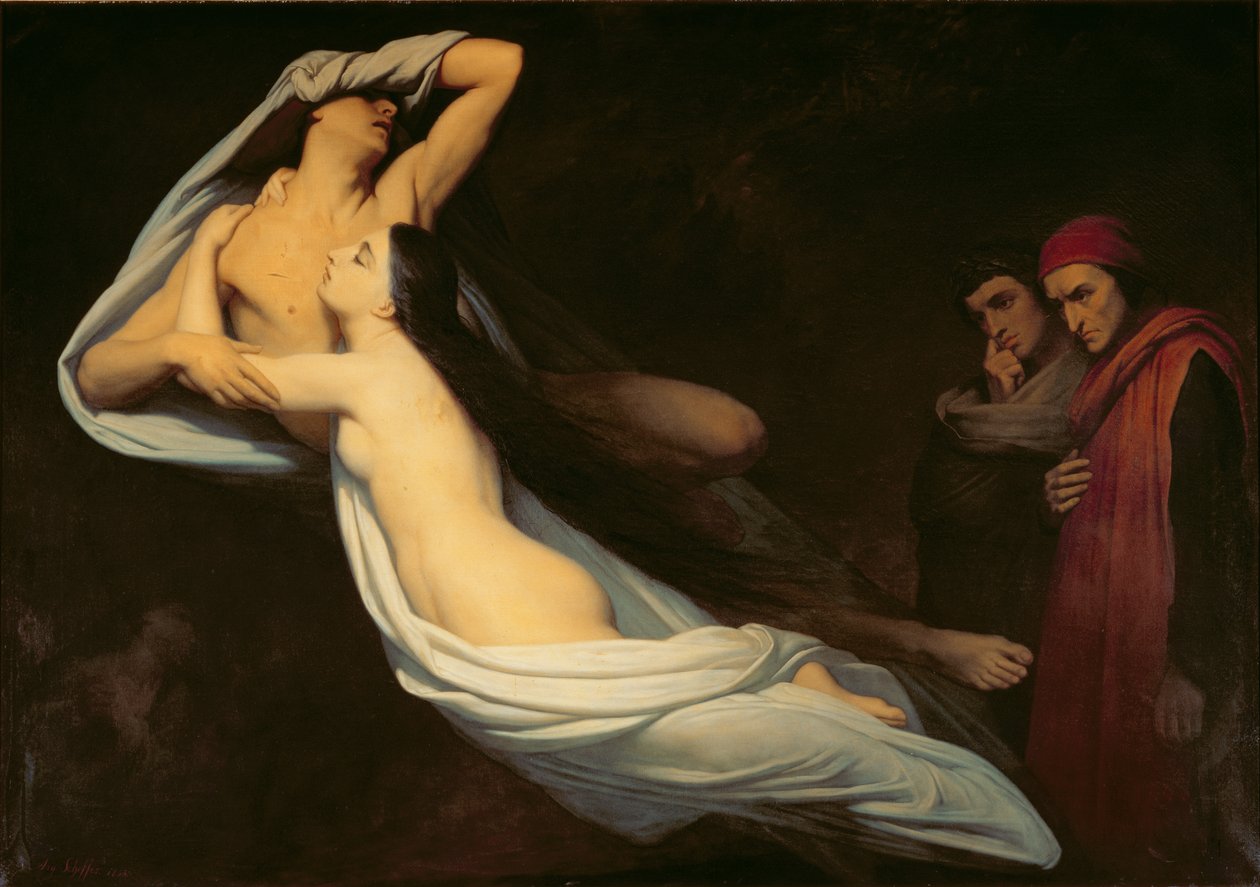 Le figure di Francesca da Rimini e Paolo da Verrucchio appaiono a Dante e Virgilio, illustrazione dell