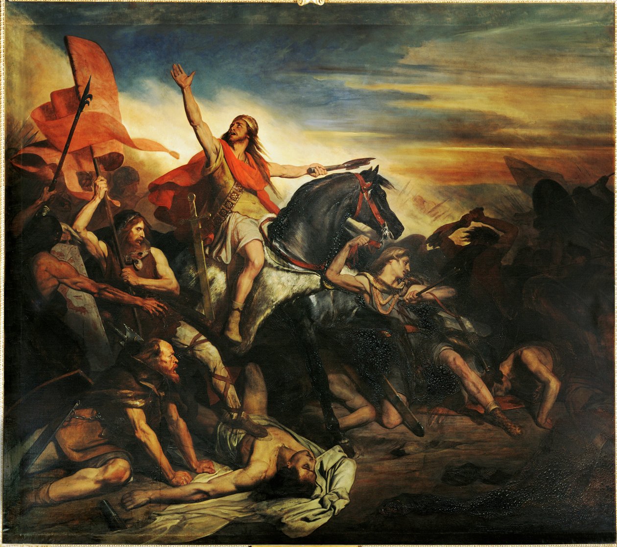 La battaglia di Tolbiac tra gli Alamani e i Franchi di Siegbert... (dipinto su tela) da Ary Scheffer