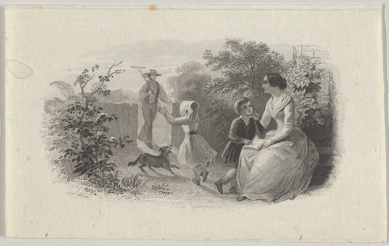 Vignetta di banconota con una famiglia in un giardino, ca. 1824-37 da Asher Brown Durand.