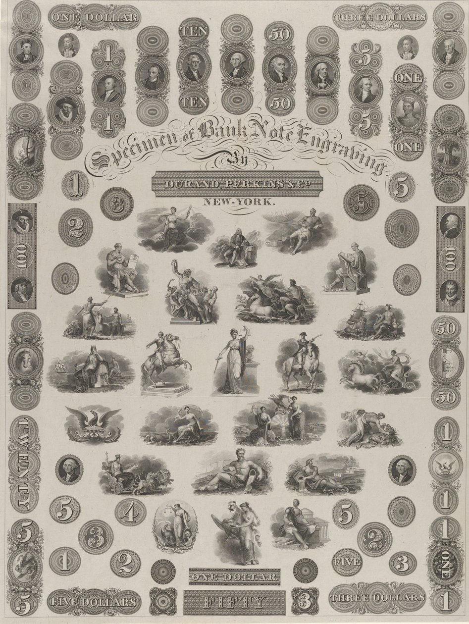 Foglio di esempio di incisione di banconote, ca. 1828 da Asher Brown Durand