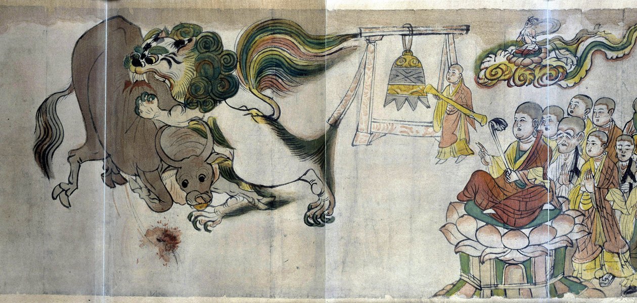 Il trionfo di Sariputra sugli eretici. Il saggio Sariputra dimostra la superiorità del Buddismo mostrando un leone attraverso un prodigio: il cerbiatto divora un toro che un mago eretico ha evocato da Asian School