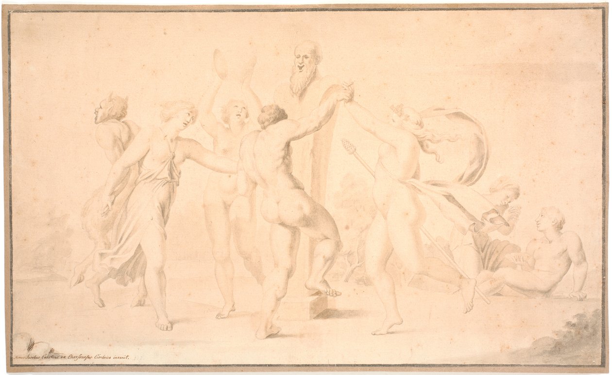Baccanale. Un satiro, un baccante e tre baccanti danzano intorno a Priapo da Asmus Jacob Carstens