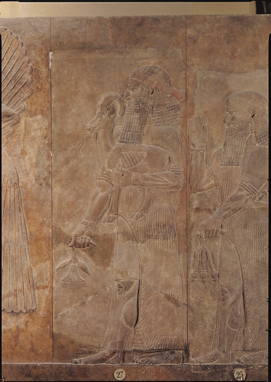 Rilievo raffigurante Sargon II (721-705 a.C.) o un sacerdote che porta una gazzella sacrificale, dal Palazzo di Sargon II a Khorsabad, Iraq da Assyrian