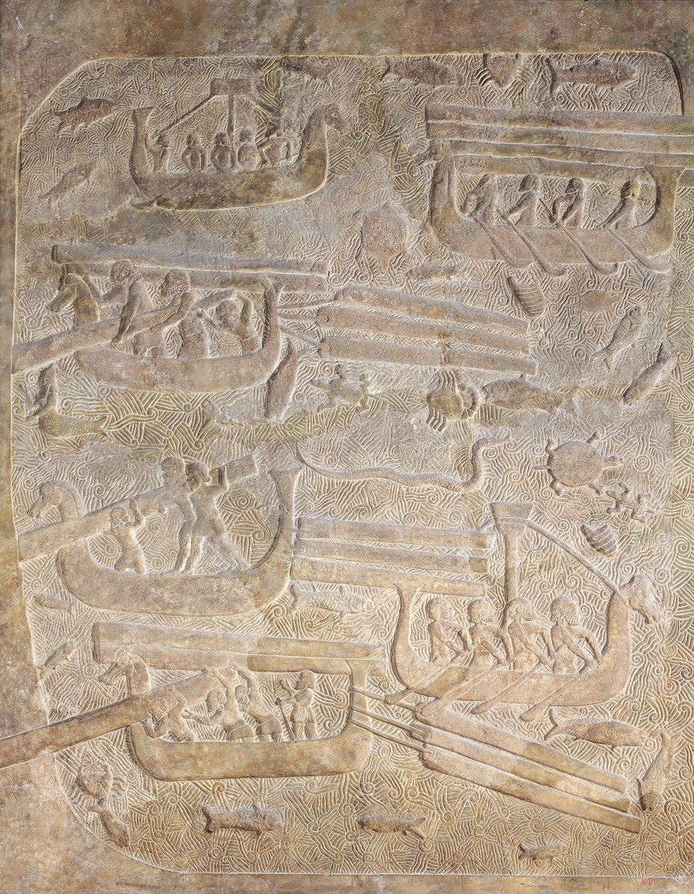 Rilievo che raffigura lo scarico del legno dopo il trasporto via mare, dal Palazzo di Sargon II, Khorsabad, Iraq da Assyrian