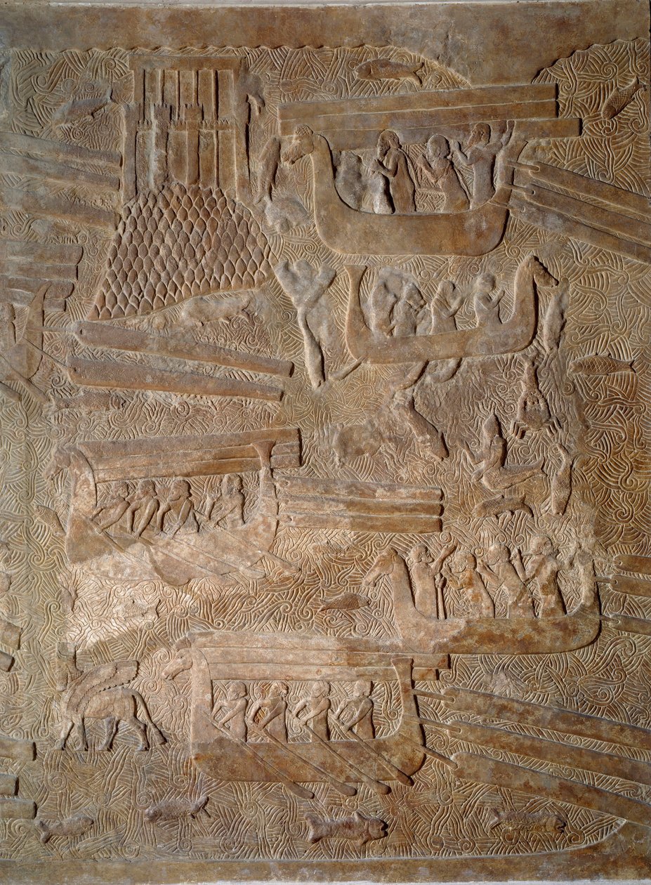 Arte mesopotamica (Assiria): cortile del palazzo del re di Assiria Sargon II (721 - 705 a.C.) trasporto di legno di cedro dal Libano da Assyrian
