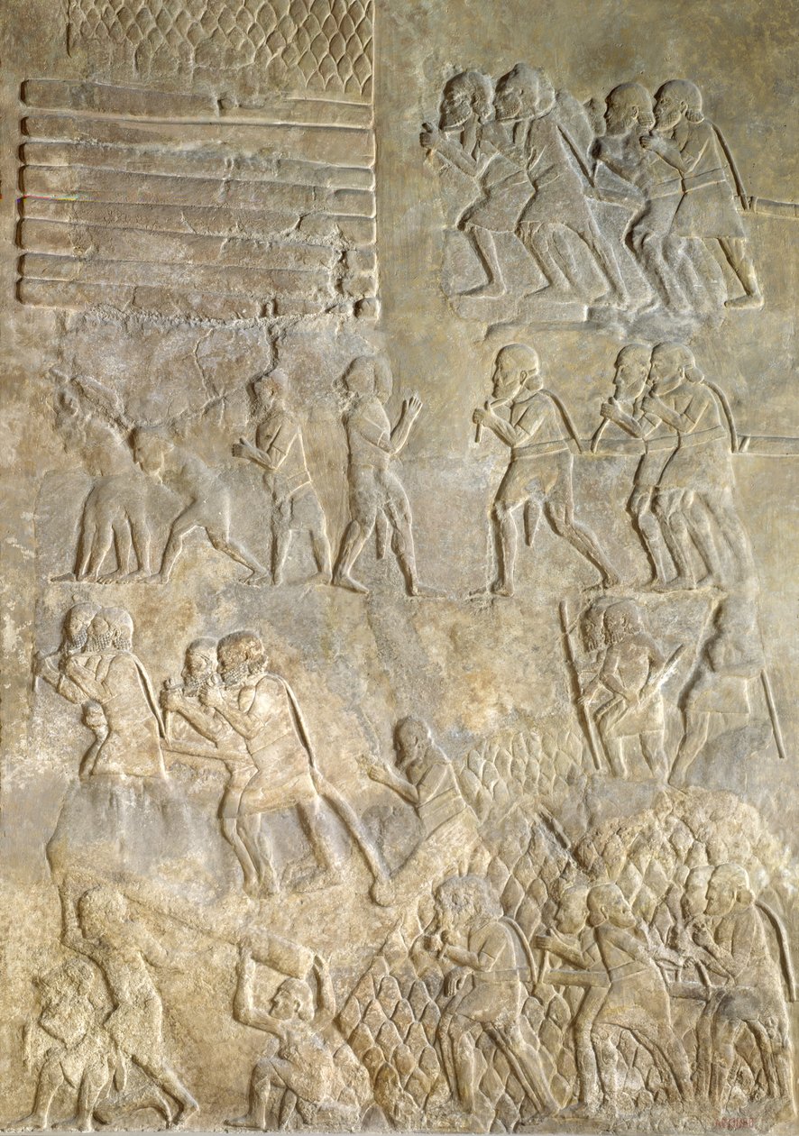 Rilievo che raffigura portatori che portano legna alla costa per il trasporto via mare dal Palazzo di Sargon II, Khorsabad, Iraq da Assyrian