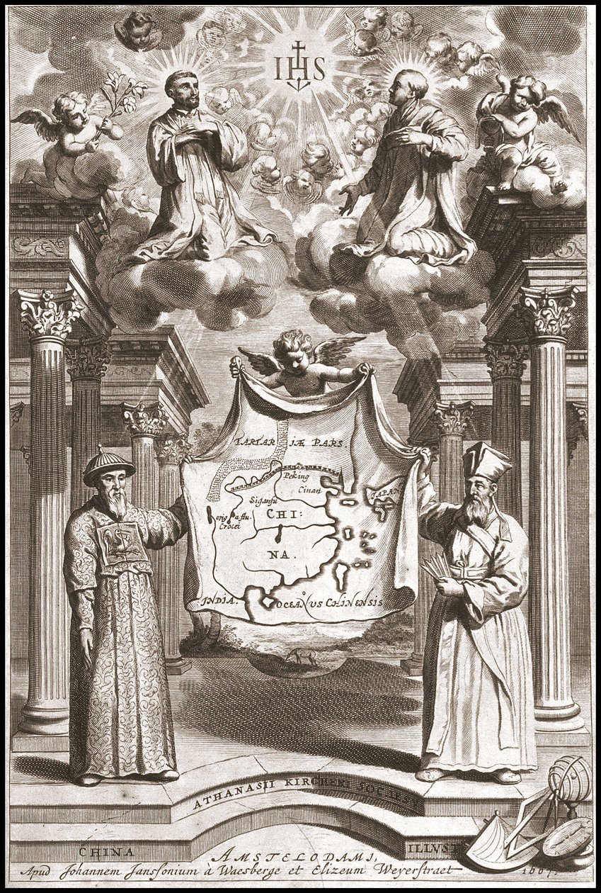 Adam Schall e Matteo Ricci in costume mandarino cinese, frontespizio di "China" di Athanase Kircher da Athanasius Kircher