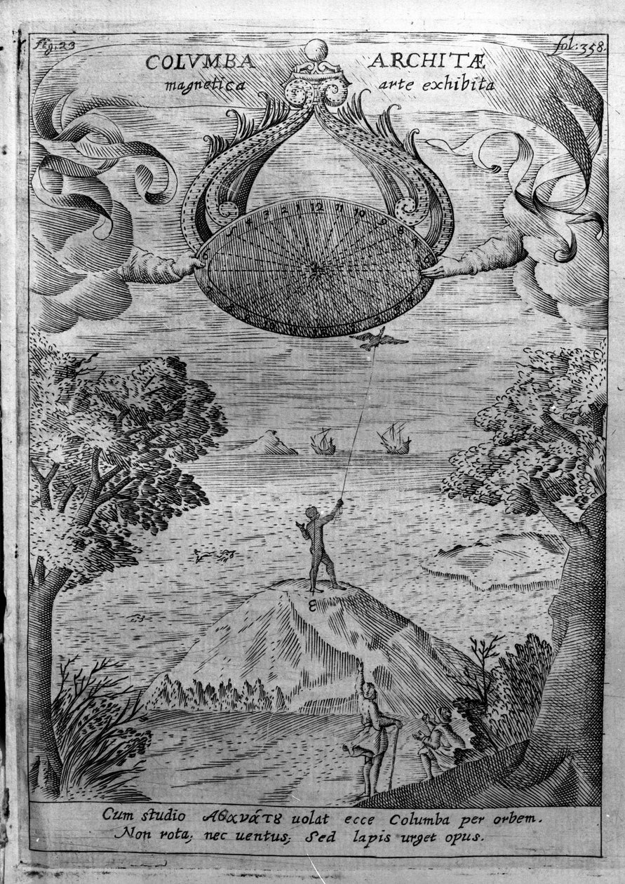 Archita di Taranto (435-347 a.C.) fa volare una colomba di legno. Incisione da 