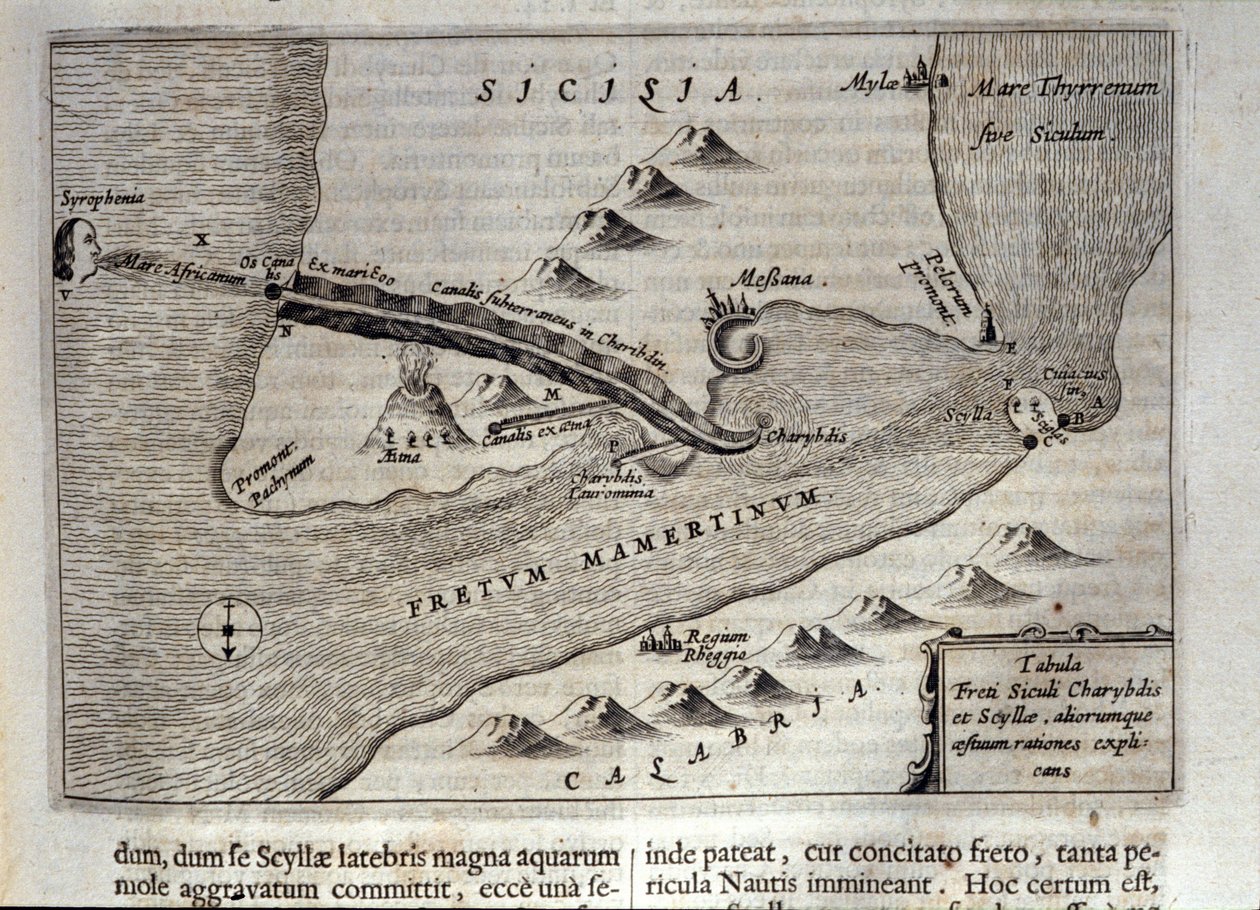 Rappresentazione cartografica di Cariddi e Scilla nello Stretto di Messina, Sicilia. Incisione da 