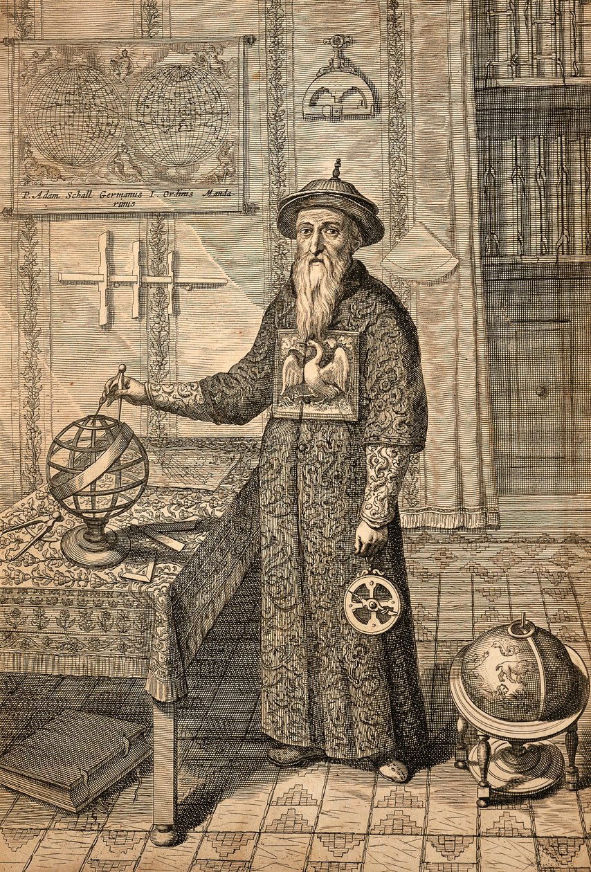 Gesuita Johann Adam Schall von Bell (1591-1666), predecessore di Ferdinand Verbiest, astronomo alla corte della dinastia Ming a Nanchino, in costume mandarino, da monumenti cinesi da Athanasius Kircher
