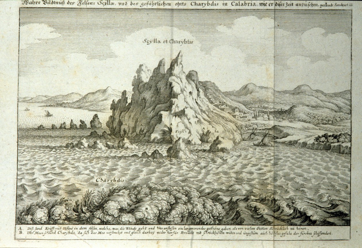 Veduta delle rocce di Cariddi e Scilla nello Stretto di Messina, Sicilia. Incisione da 
