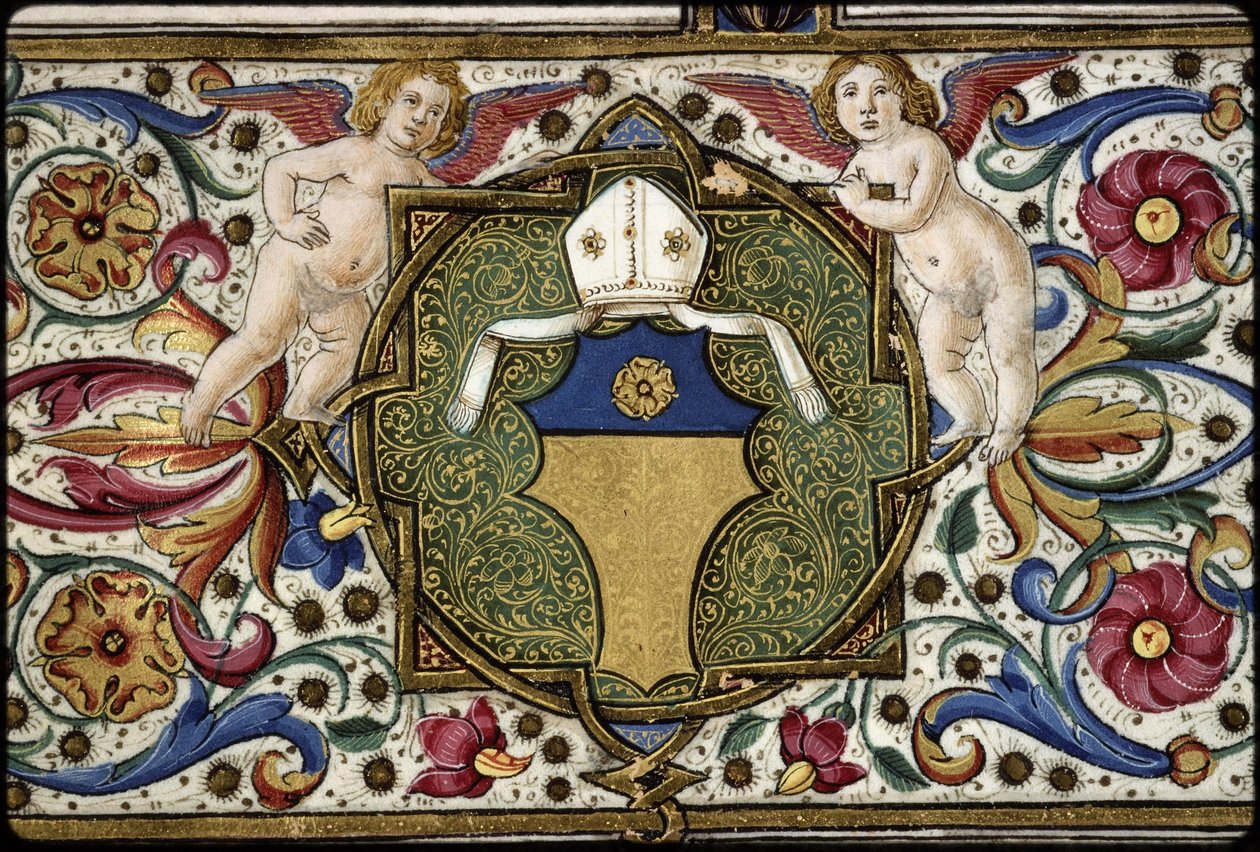 Messale di Thomas James: particolare dello stemma del commissario, "Or, su un capo azzurro una rosa Or". da Attavante degli Attavanti