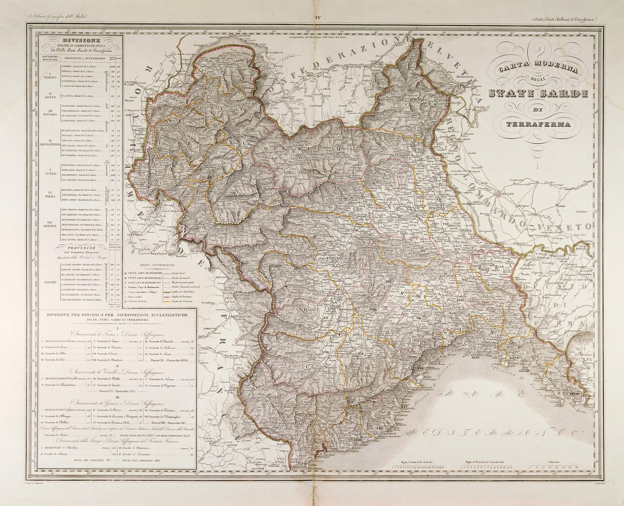 Stati Sardi sulla terraferma. Mappa di Attilio Zuccagni-Orlandini, tratta dall