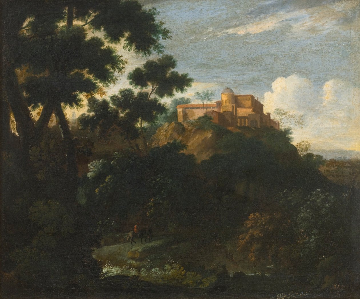 Paesaggio montuoso boscoso con viaggiatori su un sentiero, una villa oltre da Jean Francois Millet