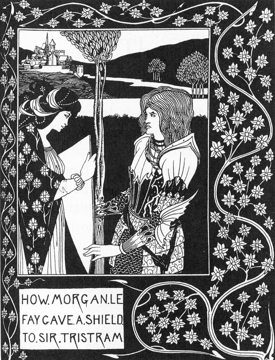 Leggenda Arturiana: La fata Morgana dà uno scudo a Tristano, Incisione in La storia di Tristano e le sue avventure, che include la sua storia d