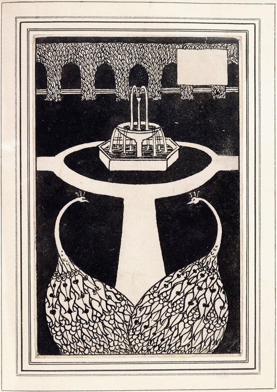 Intestazione di capitolo che raffigura due pavoni in un giardino con una fontana, c.1893-94 da Aubrey Beardsley