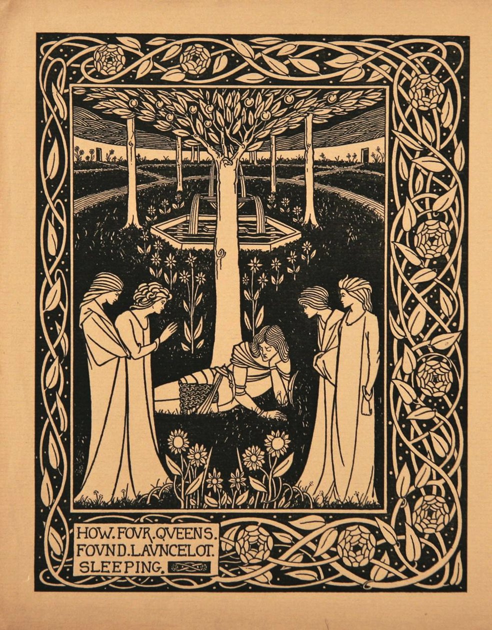 Come quattro regine trovarono Lancillotto addormentato. Illustrazione del libro Le Morte d
