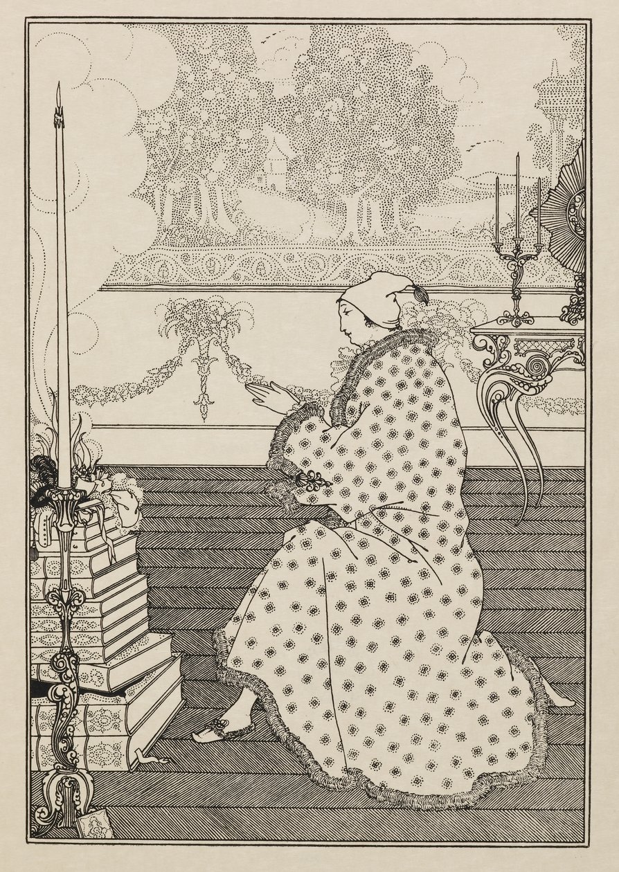 La preghiera del barone. Da "Il Ratto del Ricciolo" da un libro di cinquanta disegni da Aubrey Beardsley