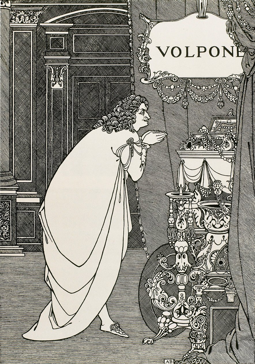 Pagina del titolo di Volpone o la volpe (1609) scritto da Ben Johnson da Aubrey Beardsley