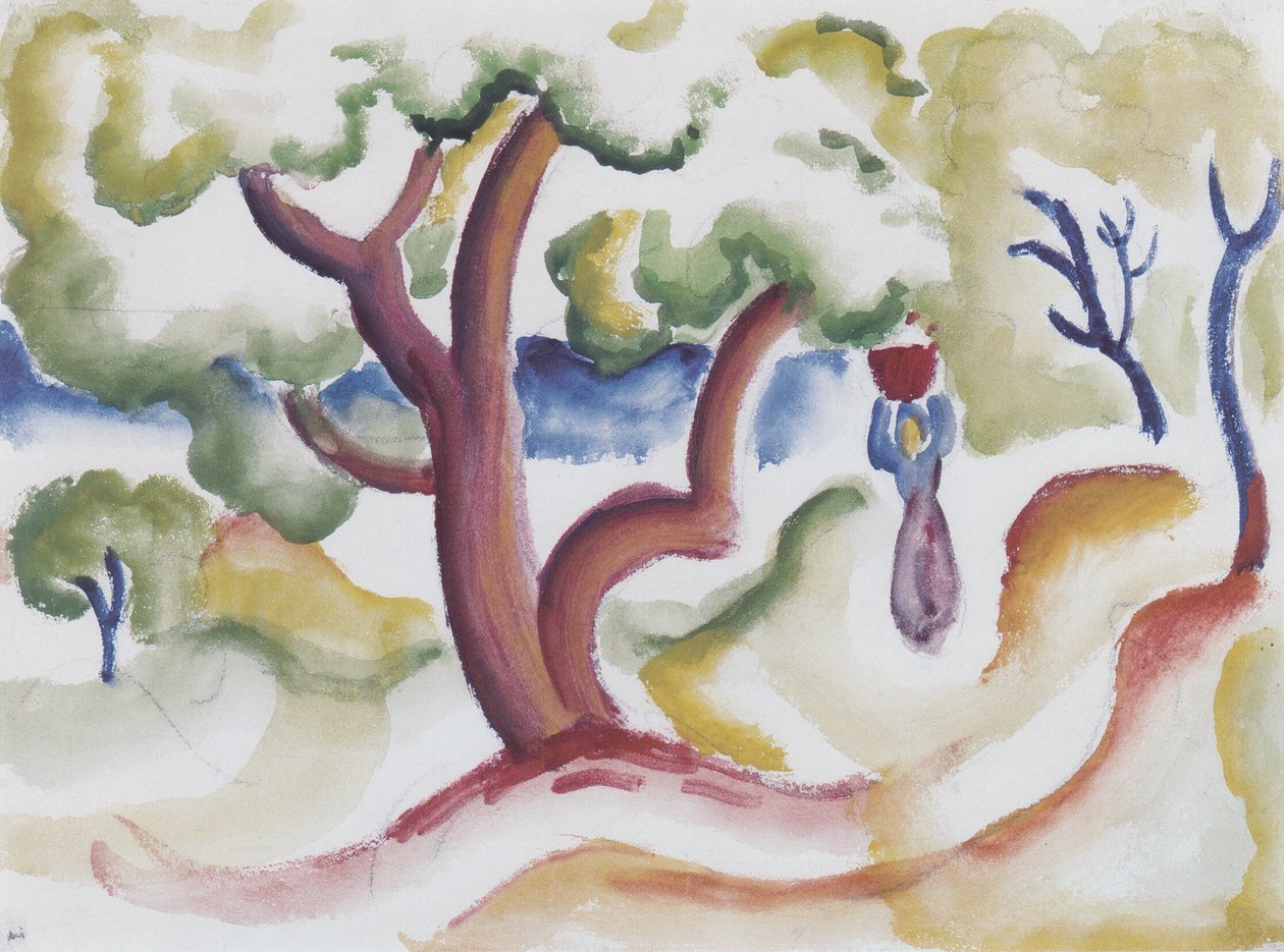 Donna con brocca sotto gli alberi da August Macke