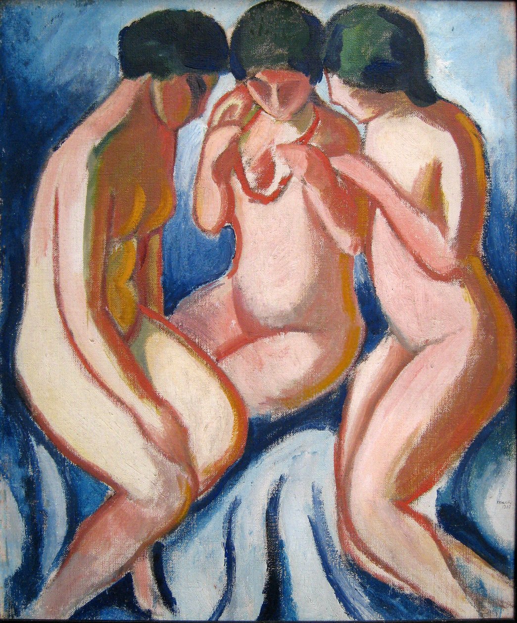 Tre nudi su sfondo blu da August Macke