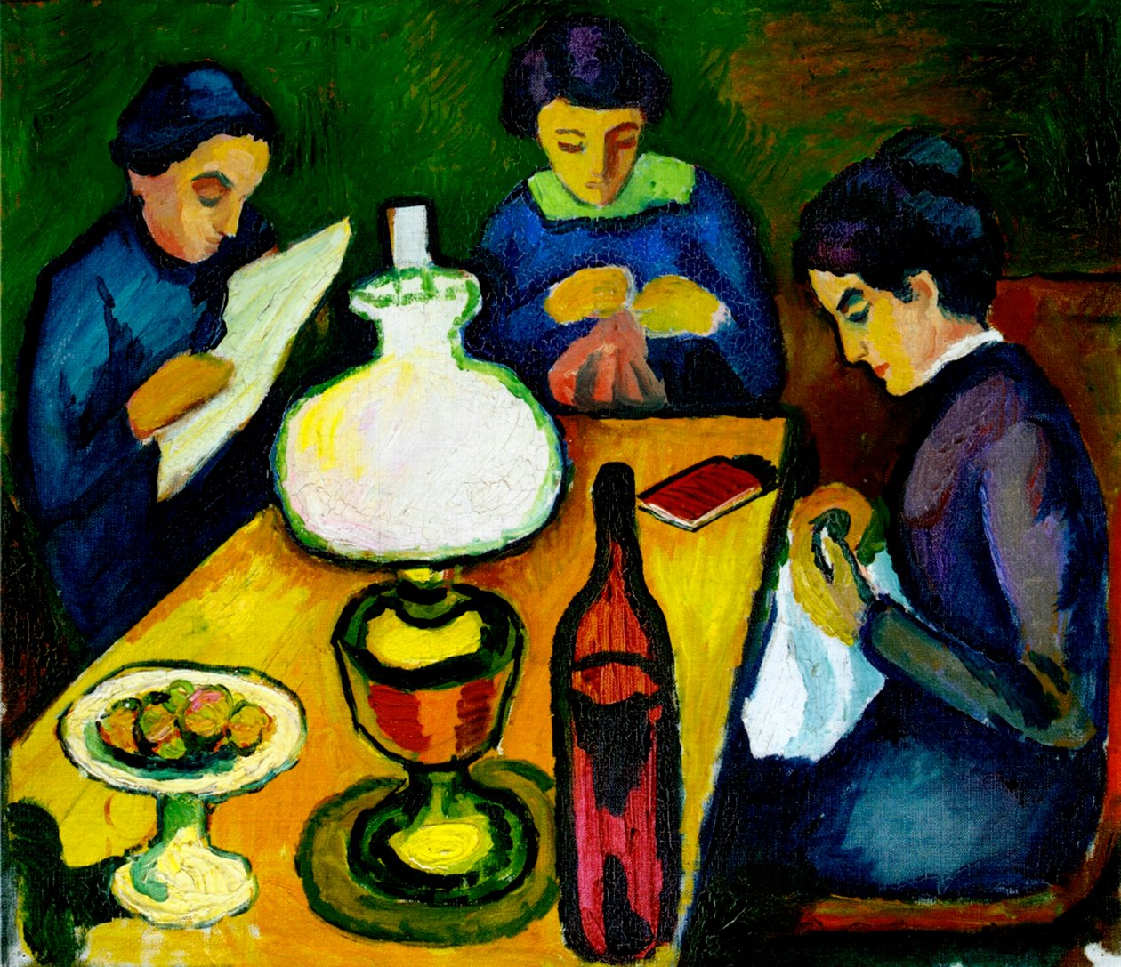Tre donne al tavolo vicino alla lampada, 1912 da August Macke