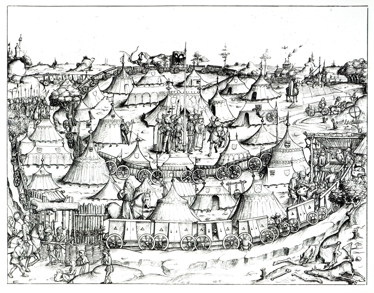 Accampamento militare medievale, da un libro, pub. 1887 da August Ottmar von Essenwein