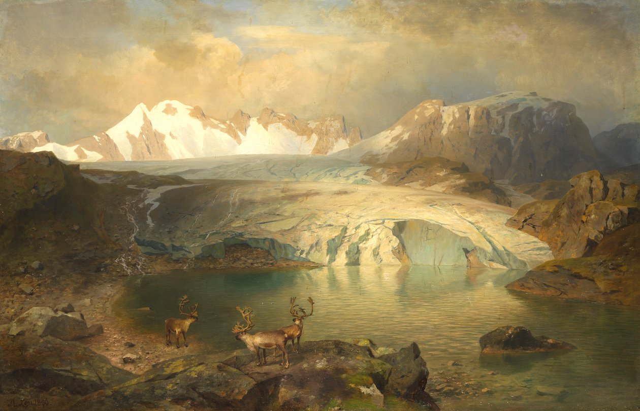 Paesaggio fiordo con ghiacciaio e renne da August Wilhelm Leu