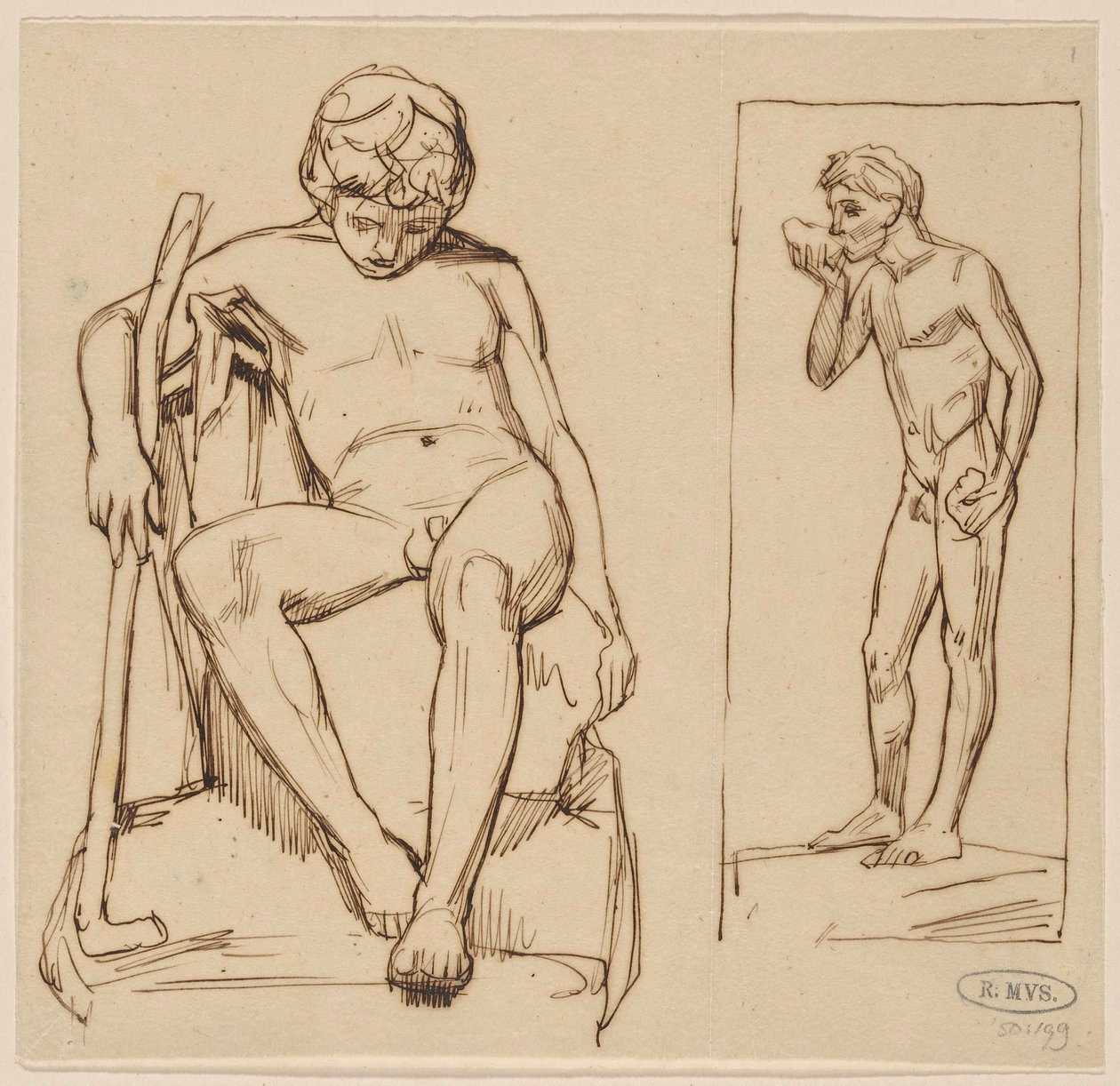 Nudo seduto con bastone e nudo in piedi che beve da August Allebe