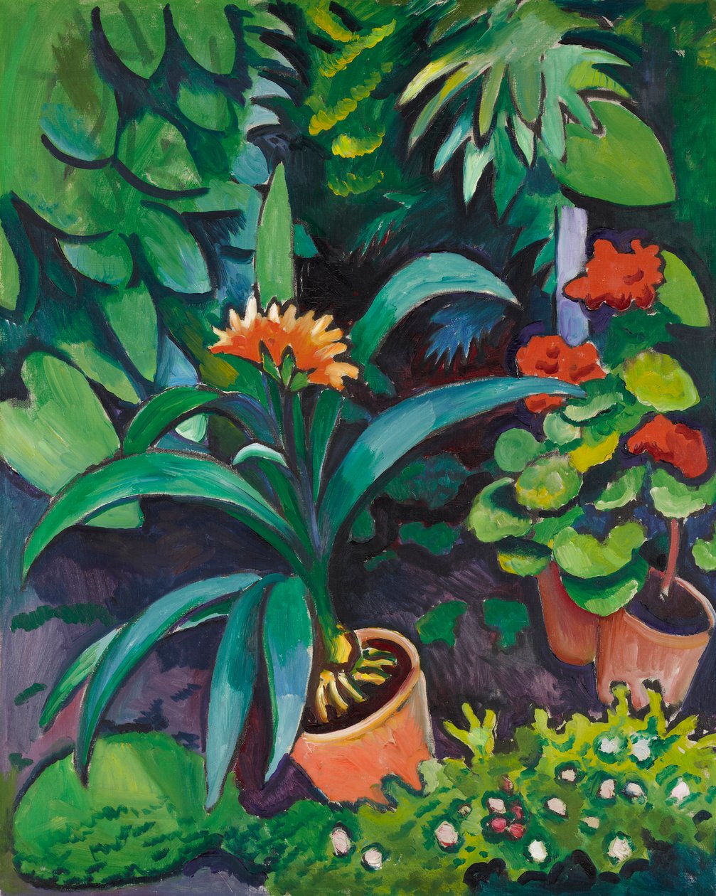 Fiori in giardino, clivie e pelargoni da August Macke