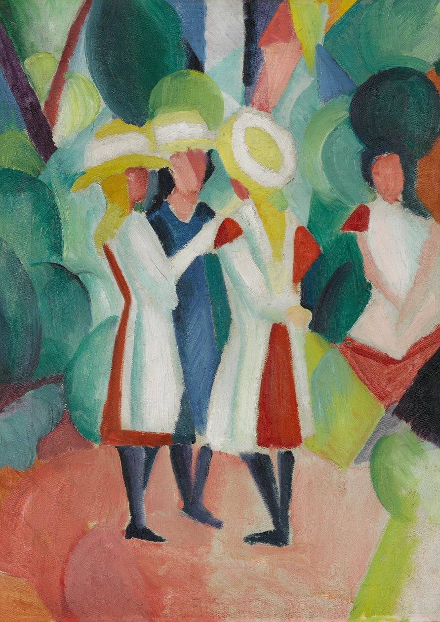 Tre ragazze con cappelli di paglia gialli I da August Macke