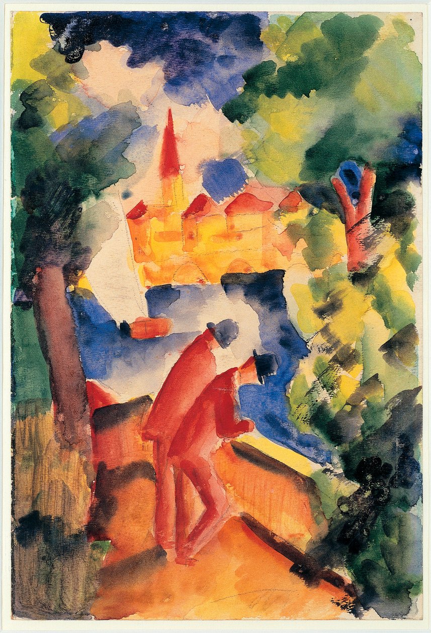 Due uomini appoggiati alla ringhiera che si affacciano su un lago, 1914 da August Macke