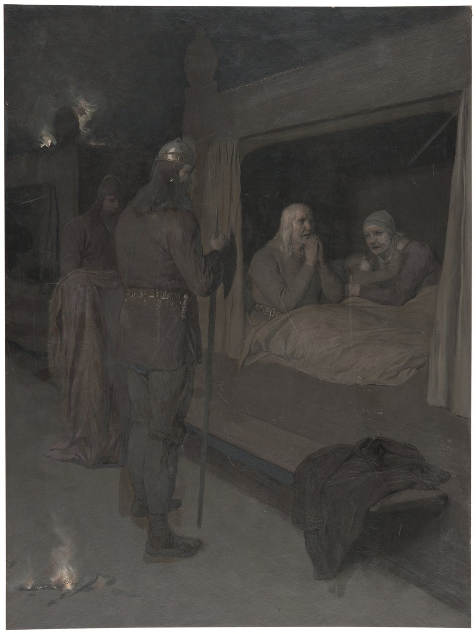Njal, Bergthora e Thord Karisson decidono di farsi bruciare vivi. Illustrazione per la Saga di Njal, cap. 129 da August Malmström