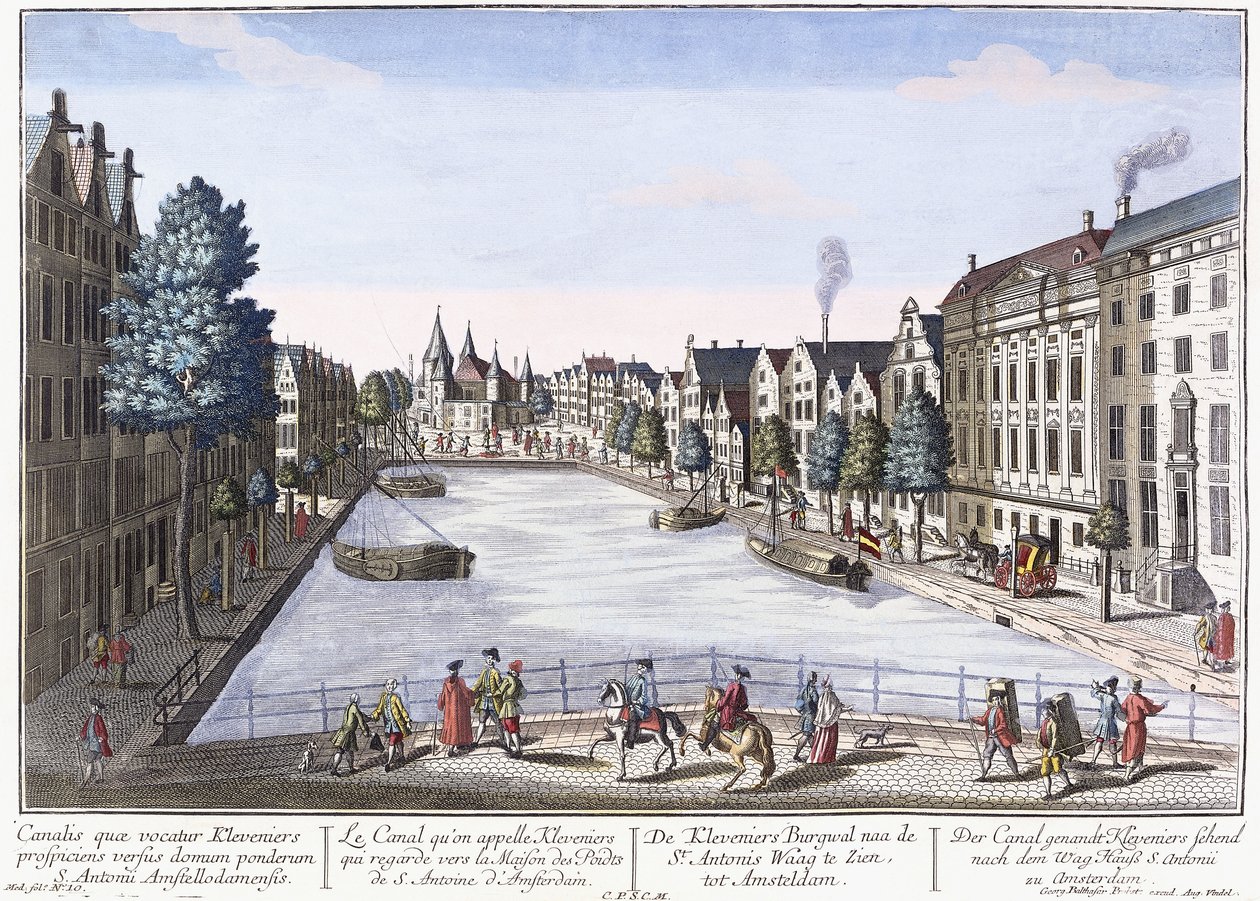 Veduta del canale Kleveniers, Amsterdam, c.1740-1770 (incisione colorata a mano) da August Vindel