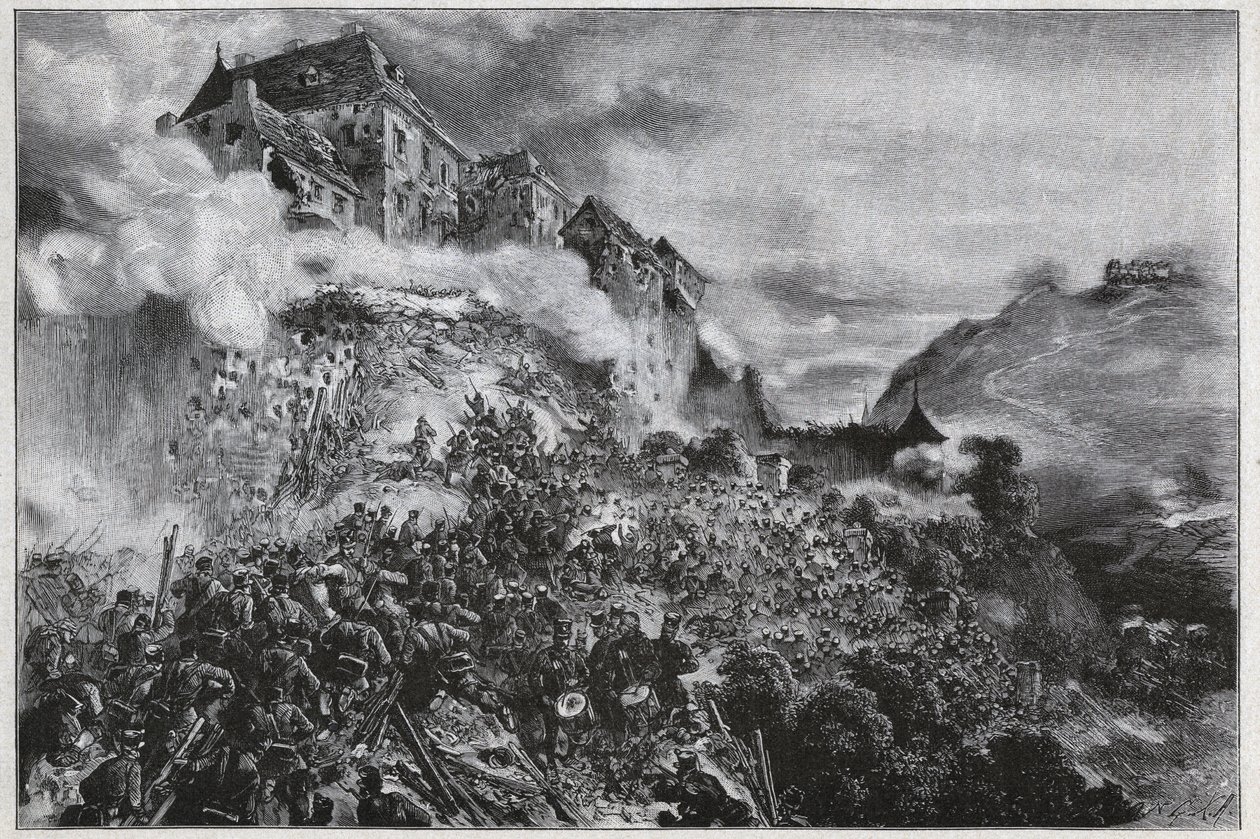 La Rivoluzione Ungherese del 1848-1849: i ribelli ungheresi assaltano il Castello di Buda il 21 maggio 1849 - dopo una litografia di August von Pettenkofer da August Xaver Karl von Pettenkofen