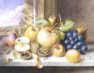 Natura morta di mele, uva, pere, prugne e noci su un davanzale da Augusta Innes Withers