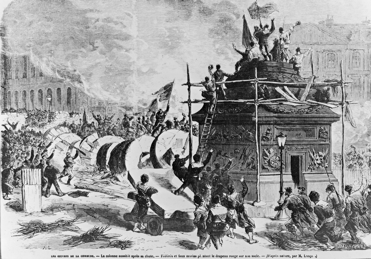 La colonna Vendôme appena caduta, Federati e falsi marinai mettono la bandiera rossa sul piedistallo, 16 maggio 1871 da Auguste Andre Lancon