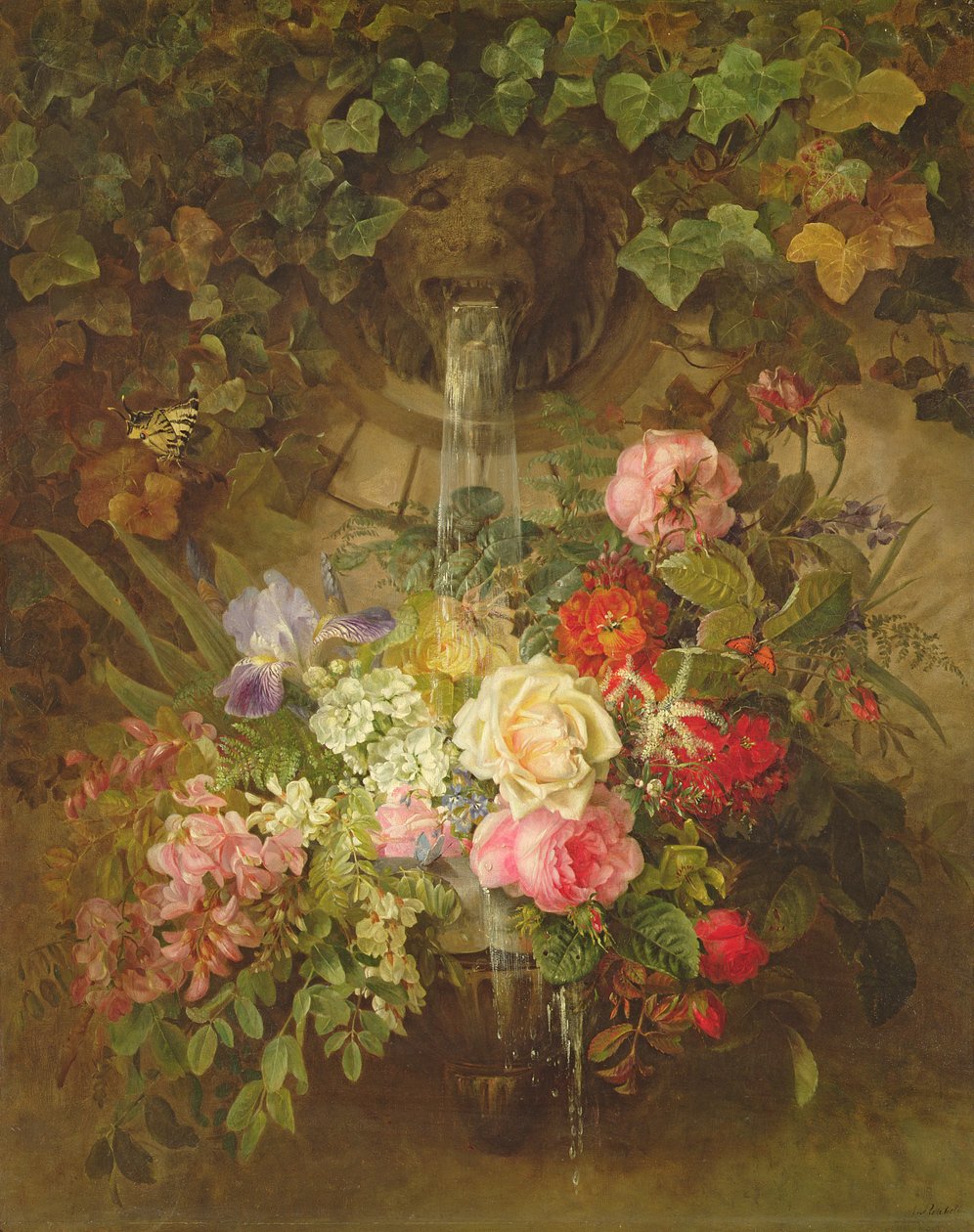 Fiori sotto una fontana di leone da Auguste Wilhelmine Reichelt