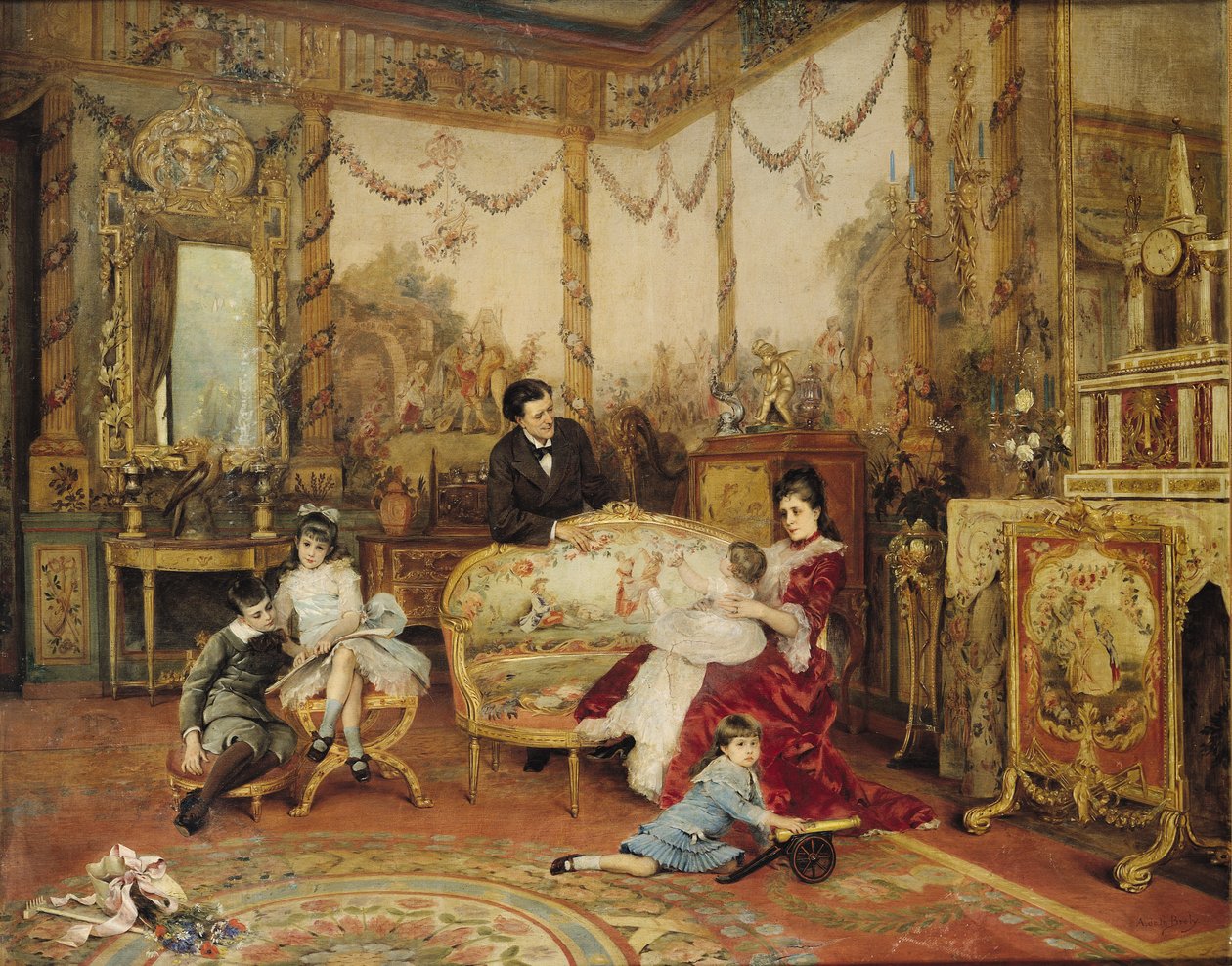 Victorien Sardou (1831-1908) e la sua famiglia nel loro salotto a Marly-le-Roi, c.1875 da Auguste de la Brely